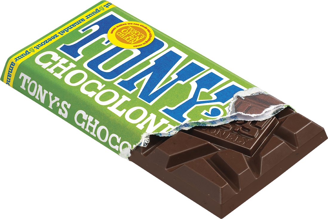 Tony's Chocolonely reep puur amandel zeezout, geopende verpakking