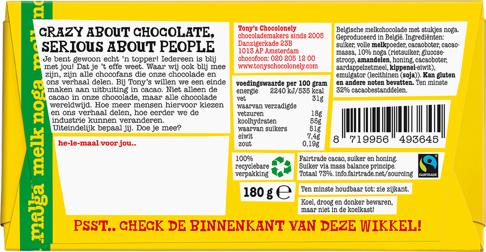 Achterkant van de verpakking van Tony's Chocolonely cadeaureep Blij met jou