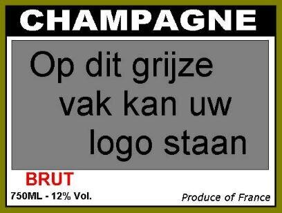 Voorbeeld van het etiket op de chocolade champagnefles met het vak waar het logo komt