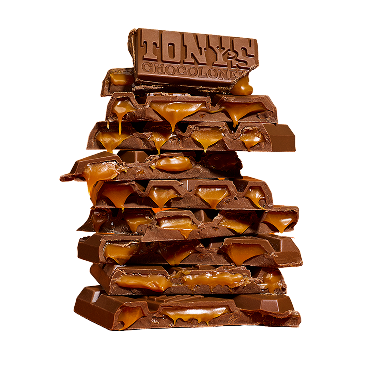 Gebroken stukken Tony's Chocolonely Filled karamel zeezout op een stapel