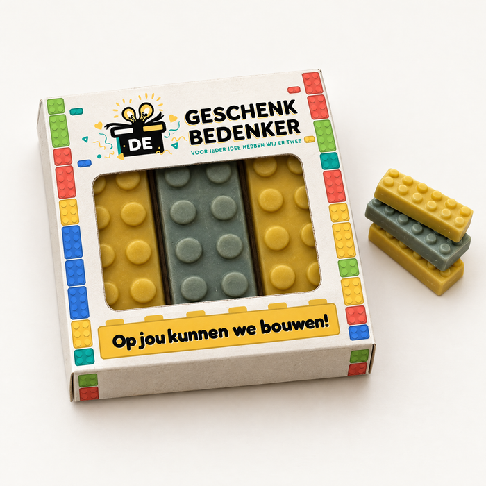 Chocolade bouwstenen in lego-stijl in doosje met venster (3 × 30 gram)
