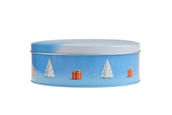 WD 051 Rond kerst blik – metalen verpakking voor kerstgeschenken met logo