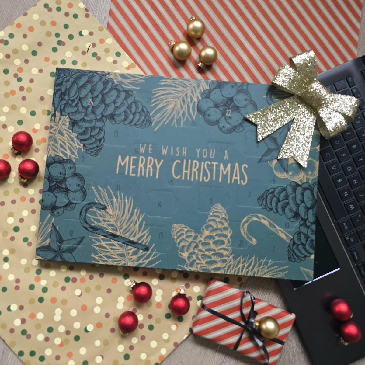Adventskalender met chocolade, uitvoering alle 24 blokjes in eigen ontwerp, ander aanzicht