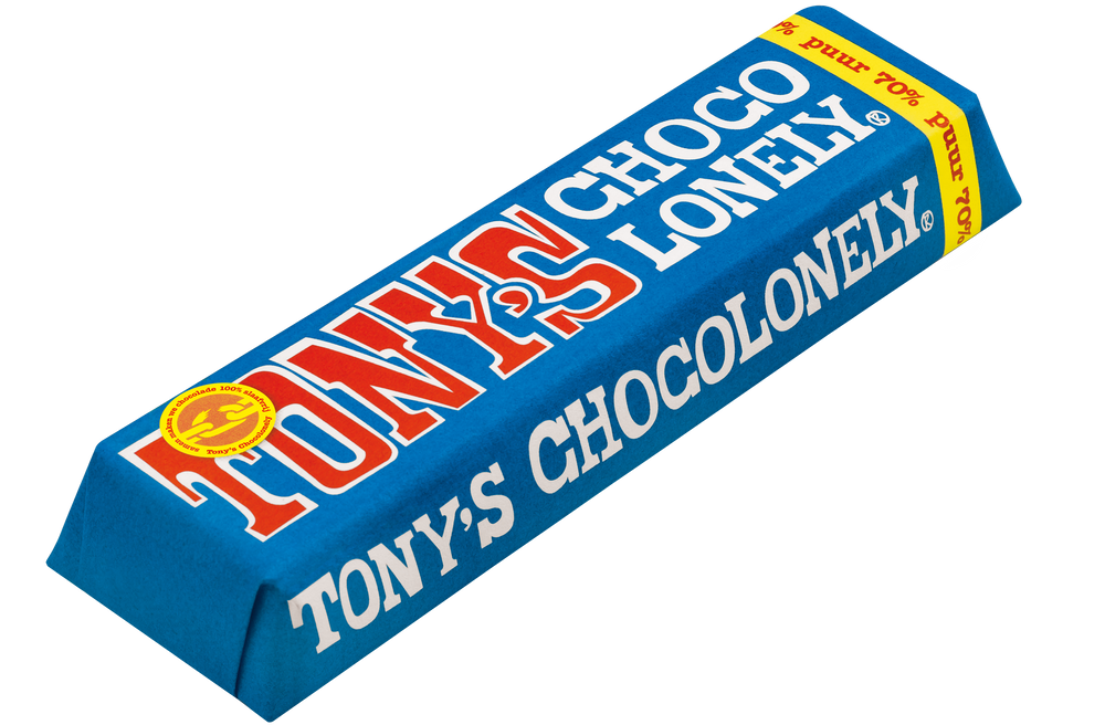 Tony's Chocolonely reepje puur, schuin van voren