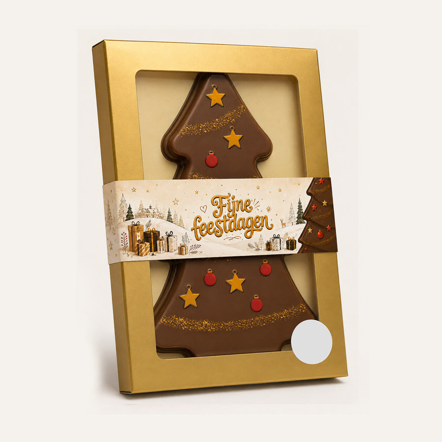 Chocolade kerstboom of kerstbel met eigen tekst (160 gram), vanaf 50 stuks