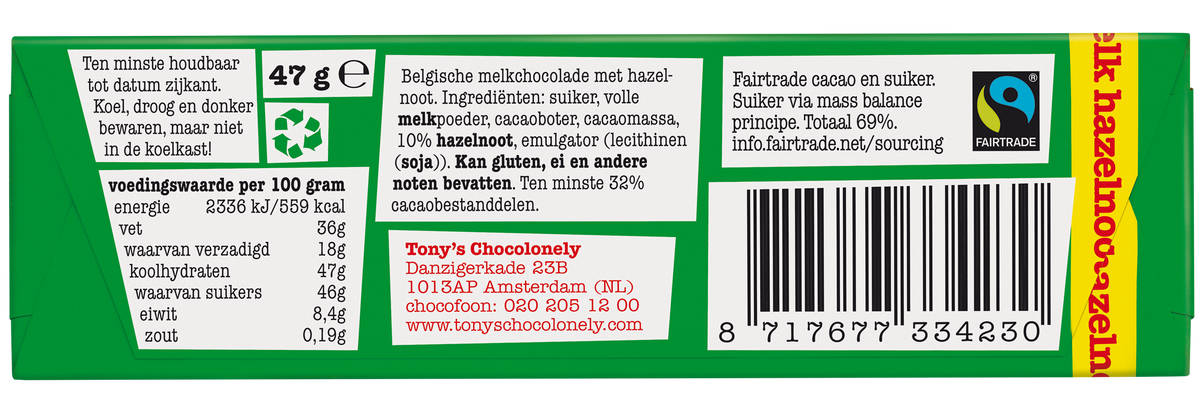 Achterkant van de verpakking van Tony's Chocolonely reepje melk hazelnoot