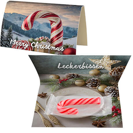Alt Tag: Bedrukte Candy Cane (5g) met gevouwen reclamekaart | Kerst giveaway met candy cane en bedrukte kaart, ideaal als kerstpromotie