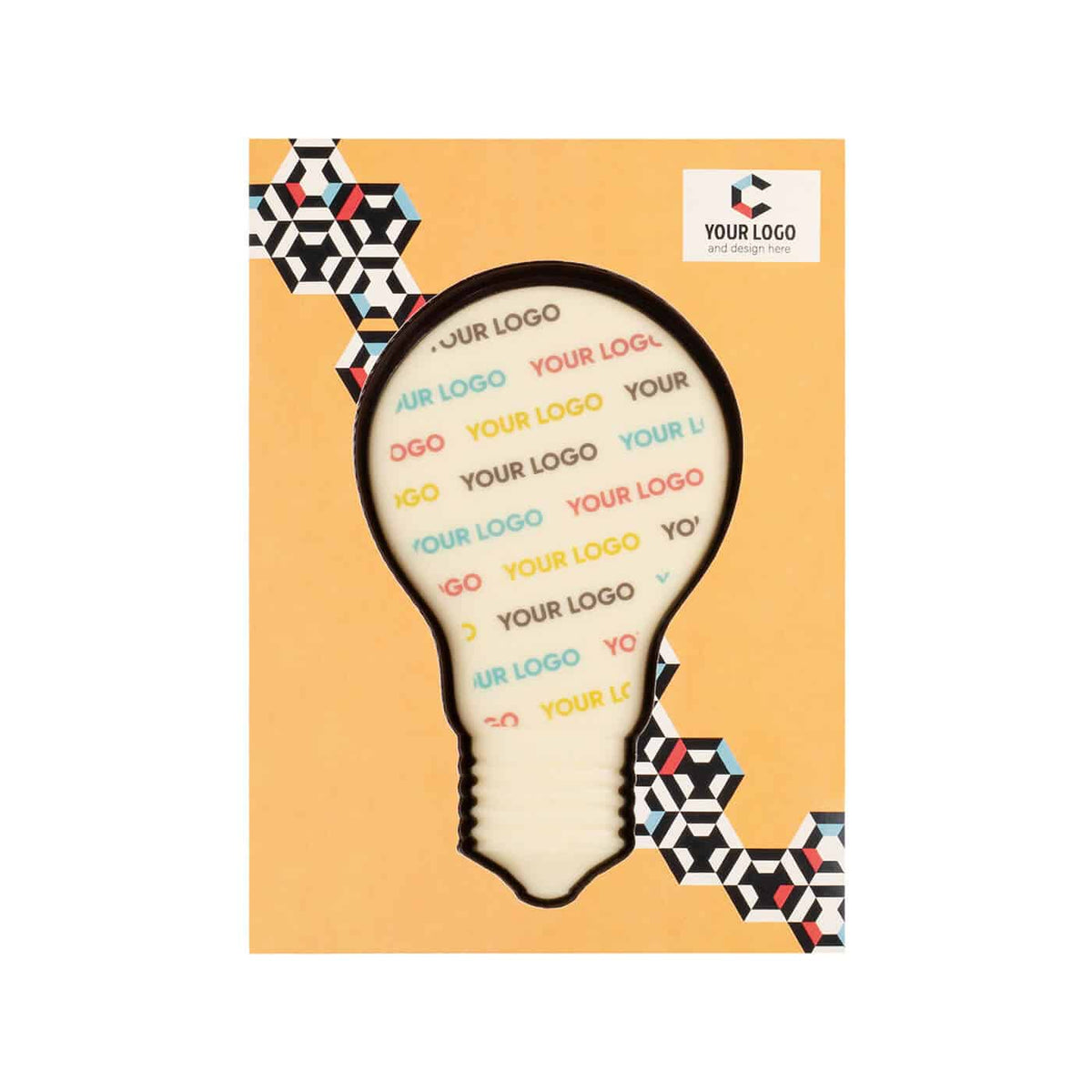 Gloeilamp van witte chocolade met kleurrijke logoprint in een oranje doos met eigen ontwerp