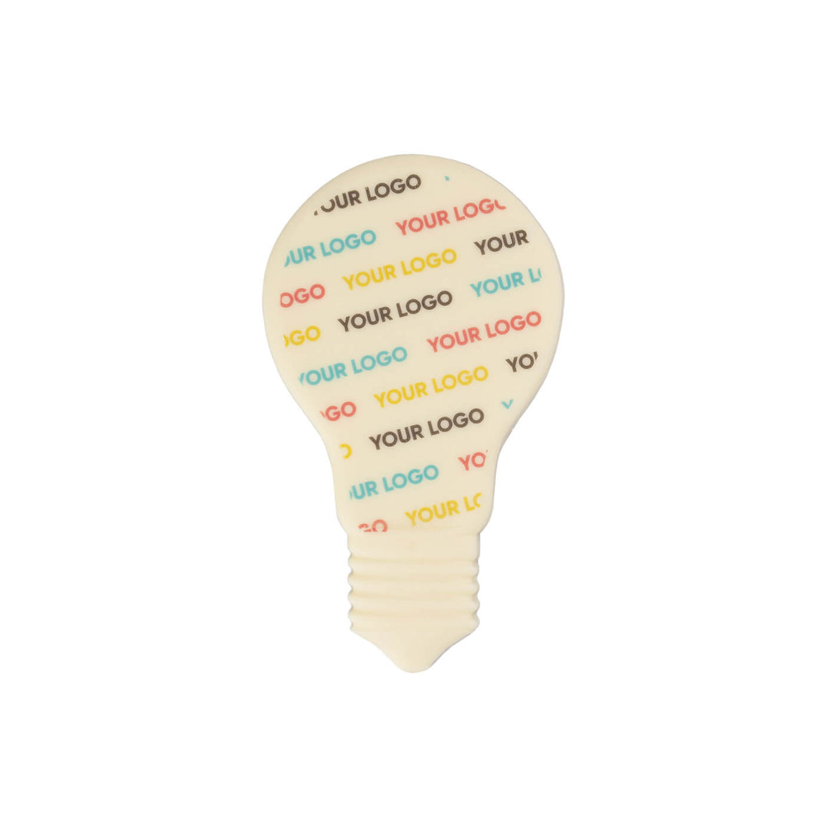 Losse gloeilamp van witte chocolade met logo's in full colour geprint