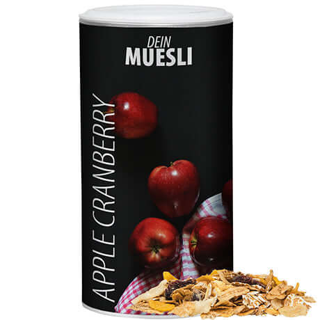 Müsli Apfel-Cranberry, ca. 160g, Pappdose Medium bedrukken – promotionele snack