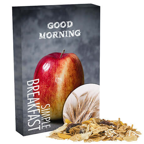 Müsli Apfel-Cranberry, ca. 60g, Faltschachtel bedrukken – promotionele snack
