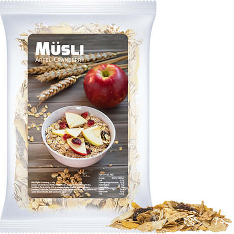 Müsli Apfel-Cranberry, ca. 60g, Express Maxi-zakje mit Etikett bedrukken – promotionele snack
