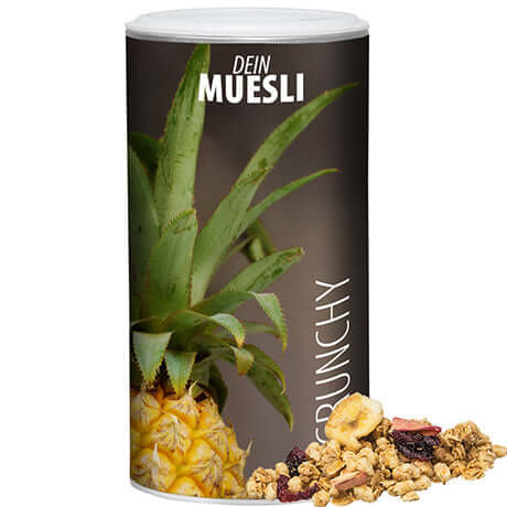 Müsli Knusper Früchte, ca. 150g, Pappdose Medium bedrukken – promotionele snack