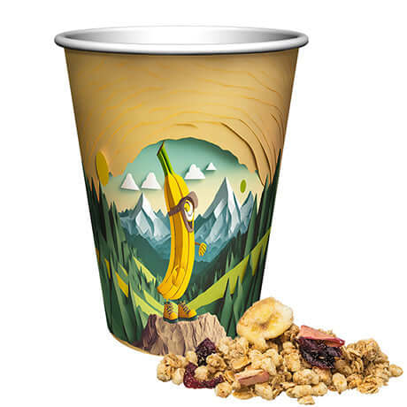 Crunchy vruchtenmuesli (50 gram) in bedrukte snackbeker