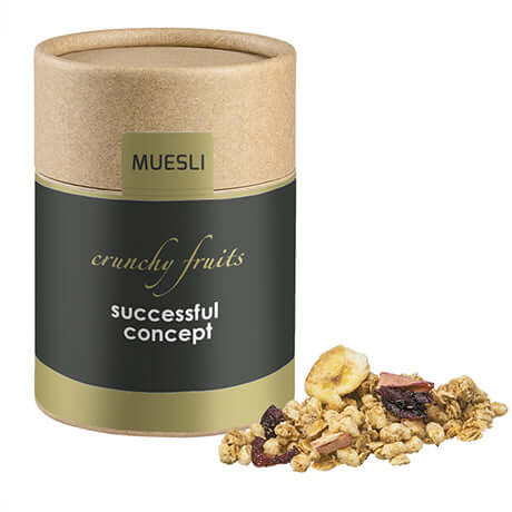 Müsli Knusper Früchte, ca. 50g, Kraftpapierdose Midi bedrukken – promotionele snack
