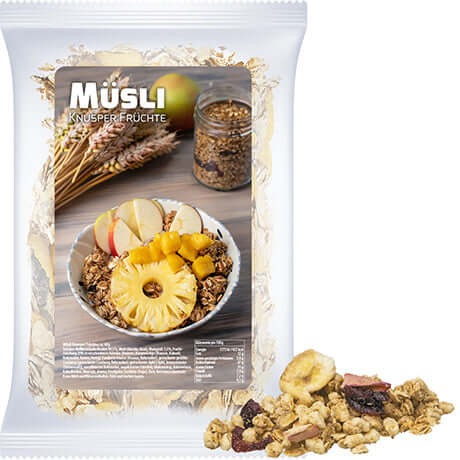 Müsli Knusper Früchte, ca. 60g, Express Maxi-zakje mit Etikett bedrukken – promotionele snack