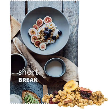 Crunchy vruchtenmuesli (60 gram) in bedrukt zakje