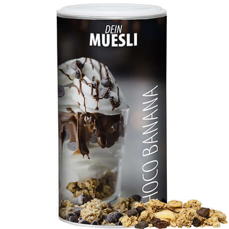 Müsli Knusper Banane-Schoko, ca. 170g, Pappdose Medium bedrukken – promotionele snack