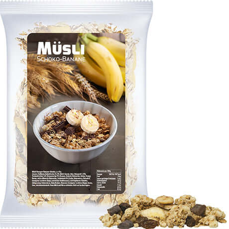 Müsli Knusper Banane-Schoko, ca. 60g, Express Maxi-zakje mit Etikett bedrukken – promotionele snack