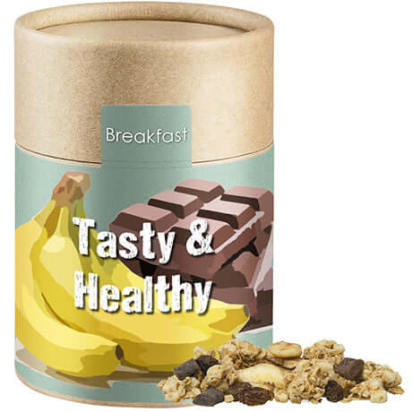 Müsli Knusper Banane-Schoko, ca. 70g, Kraftpapierdose Midi bedrukken – promotionele snack