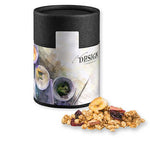 Müsli Knusper Früchte, ca. 50g, Kraftpapierdose Midi schwarz bedrukken – promotionele snack