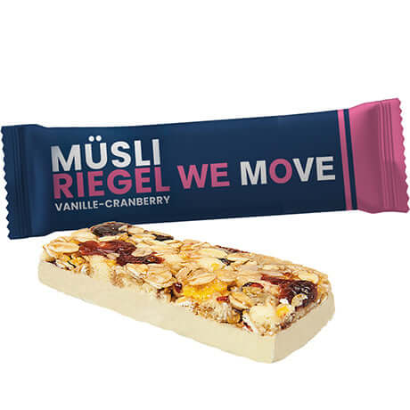 Bedrukte mueslireep vanille cranberry in transparante flowpack folie