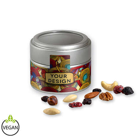 Premium Studentenfutter, ca. 60g, Metalldose mini mit Sichtfenster silber bedrukken – promotionele snack