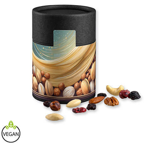Premium Studentenfutter, ca. 80g, Kraftpapierdose Midi schwarz bedrukken – promotionele snack