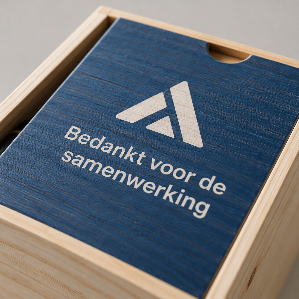 Close-up van een houten wijnkistdeksel met full colour opdruk van logo en tekst, houtnerf zichtbaar door de druk