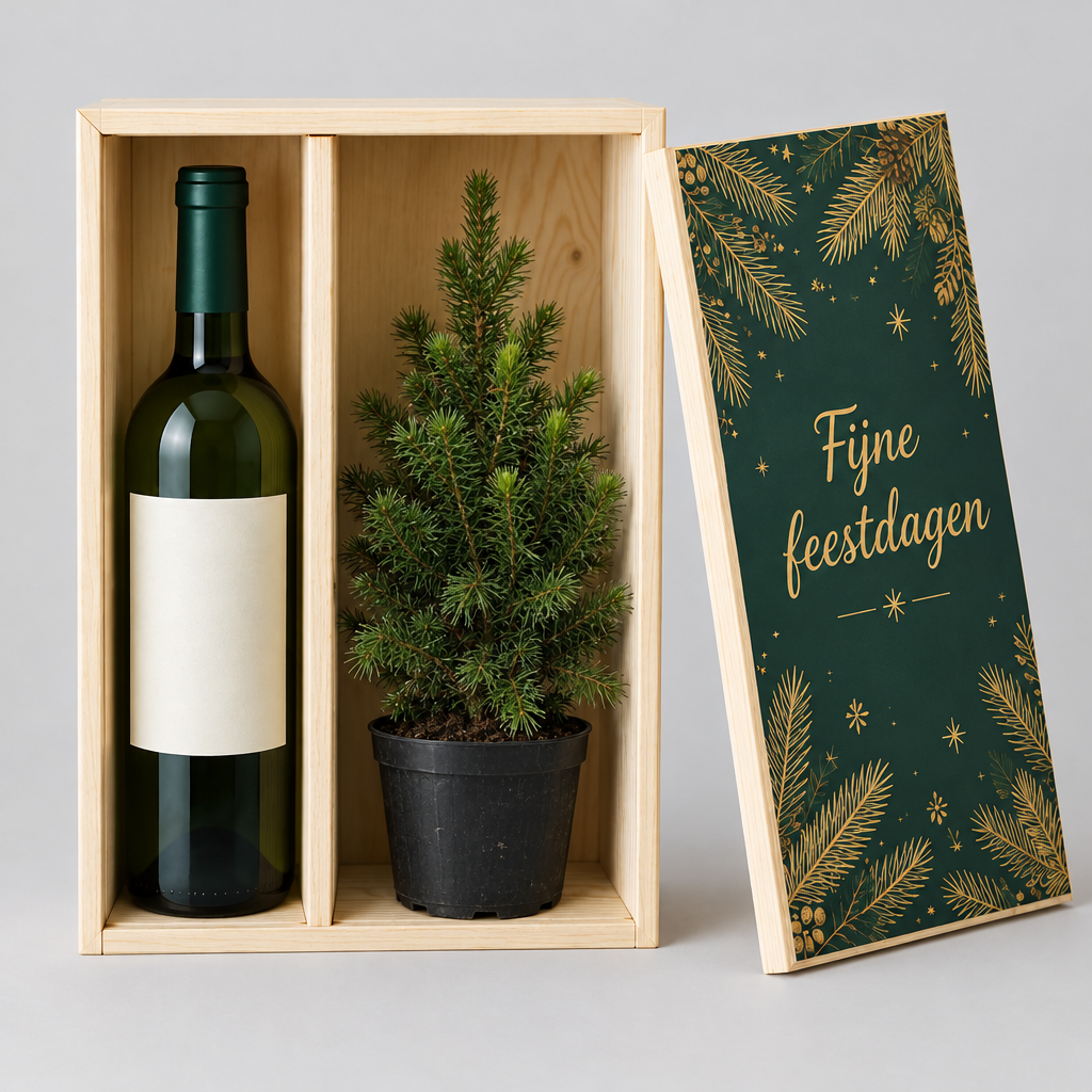 Dubbelvaks wijnkist met een fles wijn in het ene vak en een echt kerstboompje in pot in het andere, bedrukt deksel ernaast