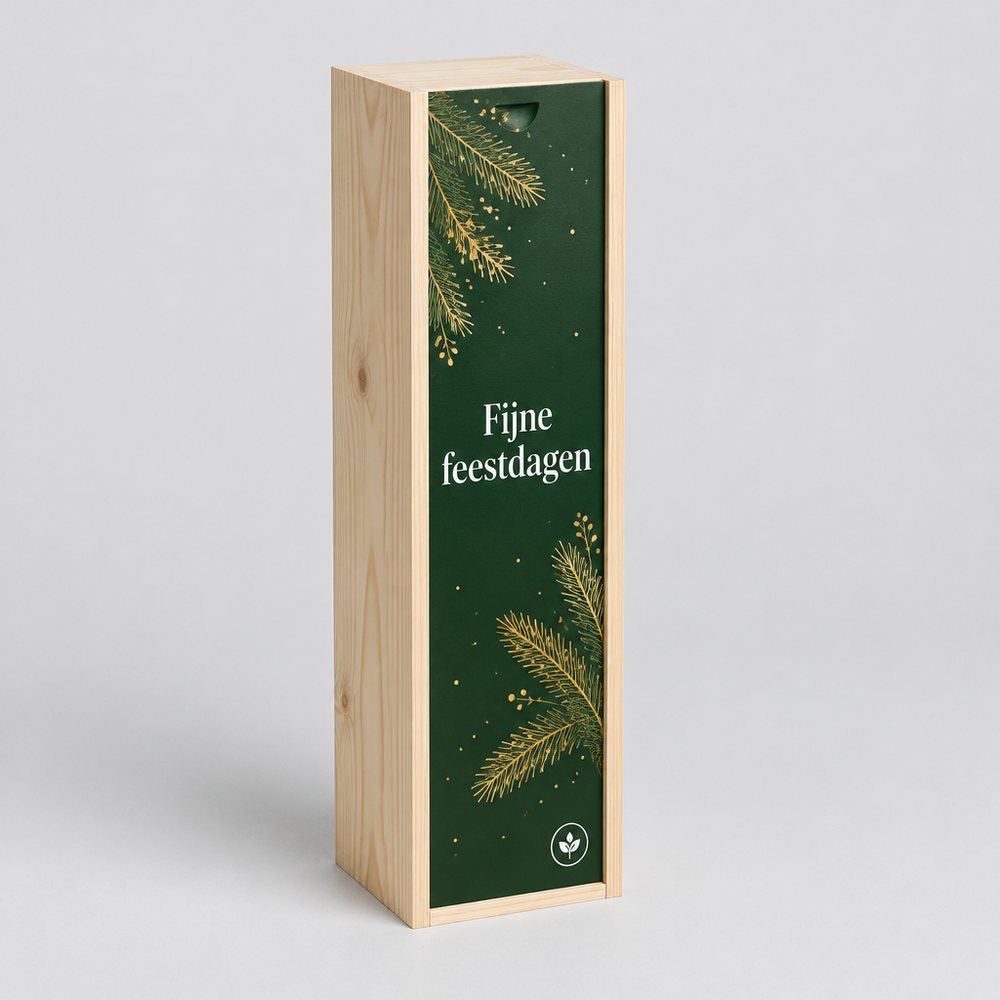 Bedrukte wijnkist enkelvaks van licht hout met schuifdeksel, full colour bedrukt met kerstgroet en logo