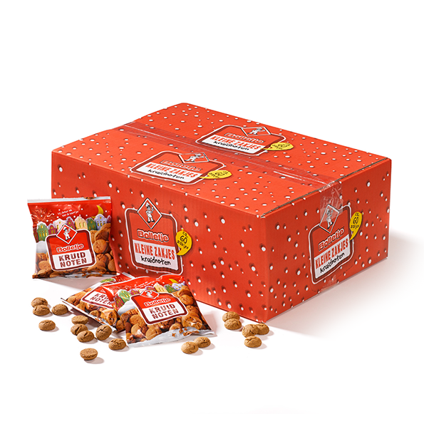 Bolletje Kruidnoten Uitdeeldoos met 60 uitdeelzakjes kruidnoten (50g) in rode doos, ideaal voor Sinterklaasfeest en intocht
