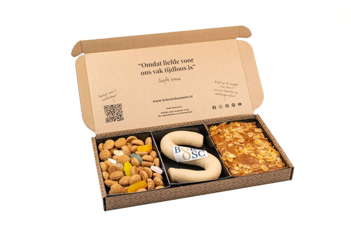 Brievenbus Sinterklaas combinatiepakket – brievenbusgeschenk met kruidnootjes mix, marsepeinen letter en handgemaakte gevulde speculaas