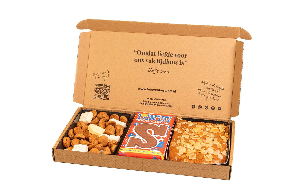 Alt Tag: Brievenbus Sinterklaas combinatiepakket Tony's – brievenbusgeschenk met Tony’s chocoladeletterreep, kruidnootjes mix en gevulde speculaas