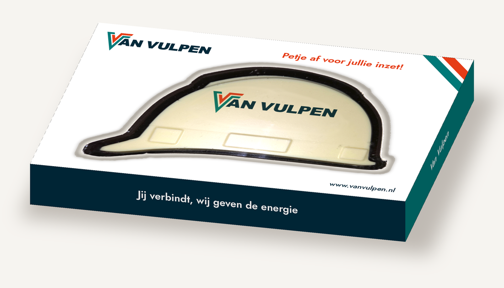 Chocolade bouwhelm met logo-print in een bedrukt doosje met eigen ontwerp
