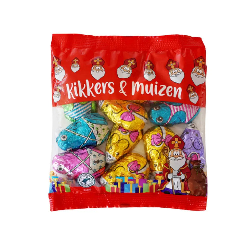 Zak chocolade kikkers en muizen in gekleurde folie met Sinterklaas