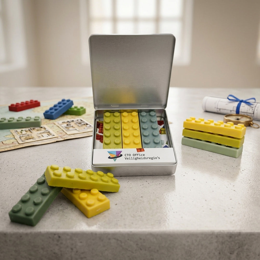 Geopend plat blik met chocolade bouwstenen in lego-stijl en bedrukte inlay op een tafel, met losse bouwstenen ervoor