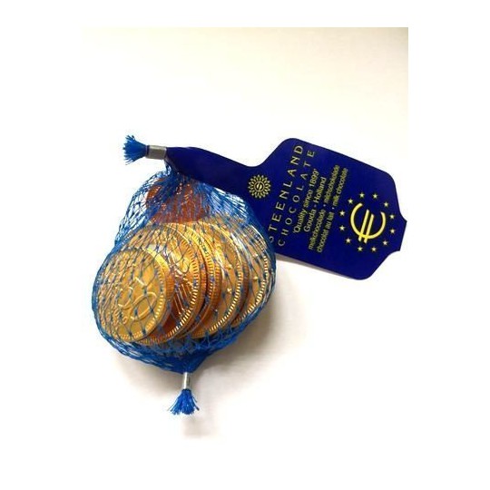 Blauw netje met gouden chocolademunten van 30 gram