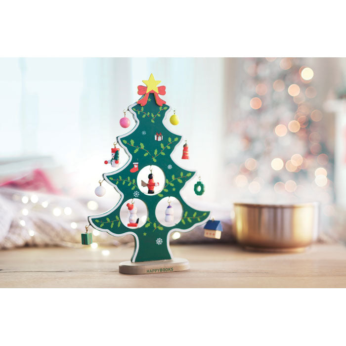 Houten kerstboom met decoratie Woodtree met een bedrukking als voorbeeld