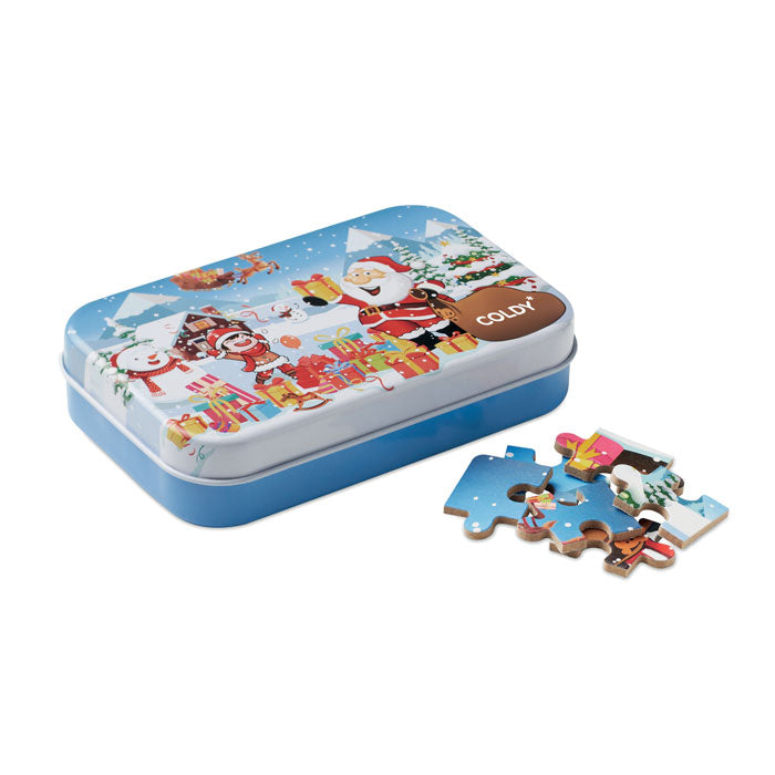 Houten kerstpuzzel in blik Pazuru met een bedrukking als voorbeeld