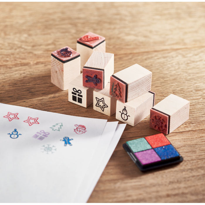 8 houten kerststempelset Stampie, sfeerfoto
