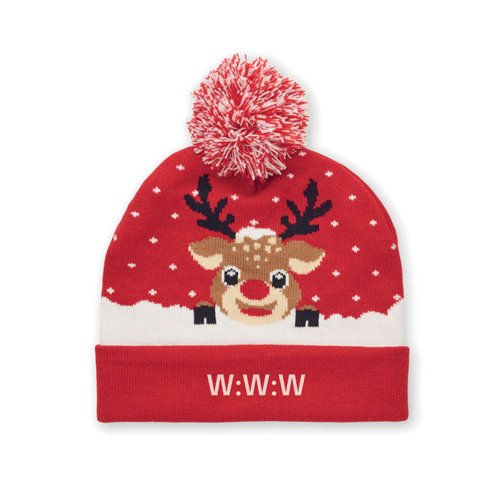 Gebreide kerstmuts Shimas Hat met een bedrukking als voorbeeld
