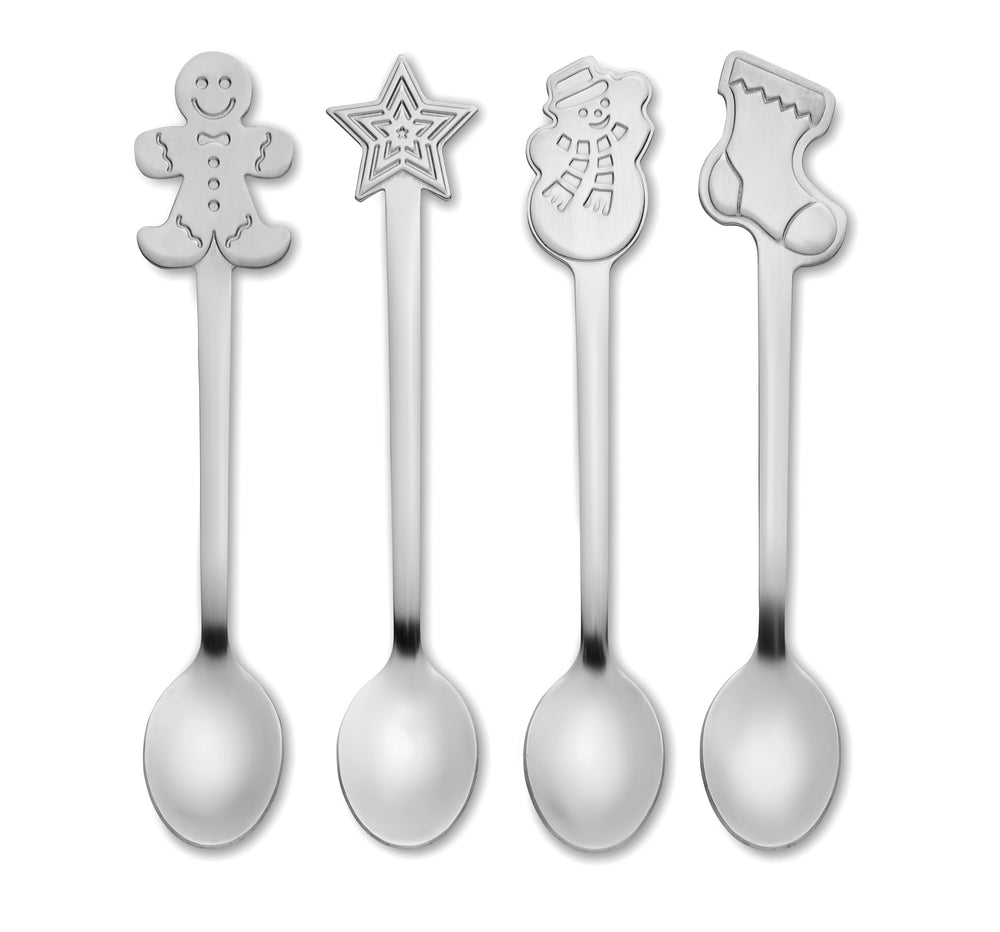Set van 4 kerst theelepeltjes Chip Set in mat zilver