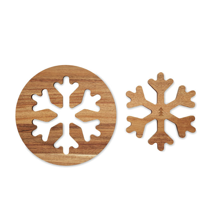 Acacia houten pothouders set Scaglia met een bedrukking als voorbeeld