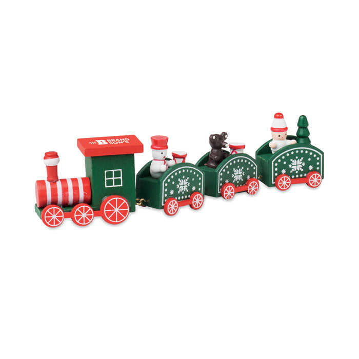 Houten decoratie kersttrein Juna met een bedrukking als voorbeeld