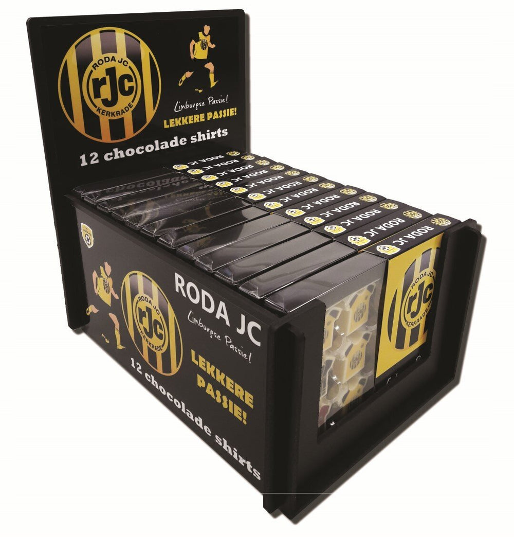 Toonbankdisplay gevuld met doosjes chocolade shirts