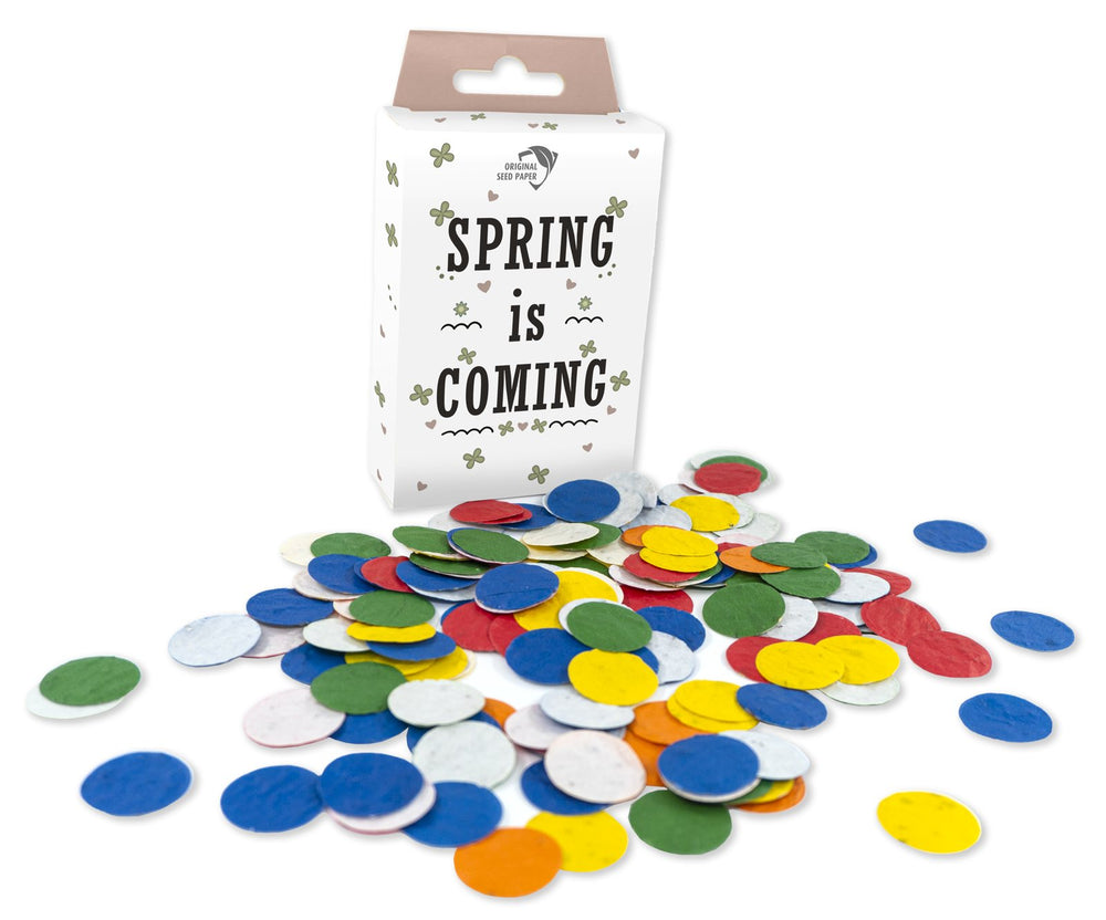 Bedrukt doosje met gekleurde ronde confetti van zaadpapier
