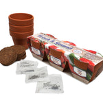 Kweekset met drie terracotta potjes van 5 cm in een lange bedrukte wikkel, met losse potjes, kokostabletten en zaadzakjes ernaast