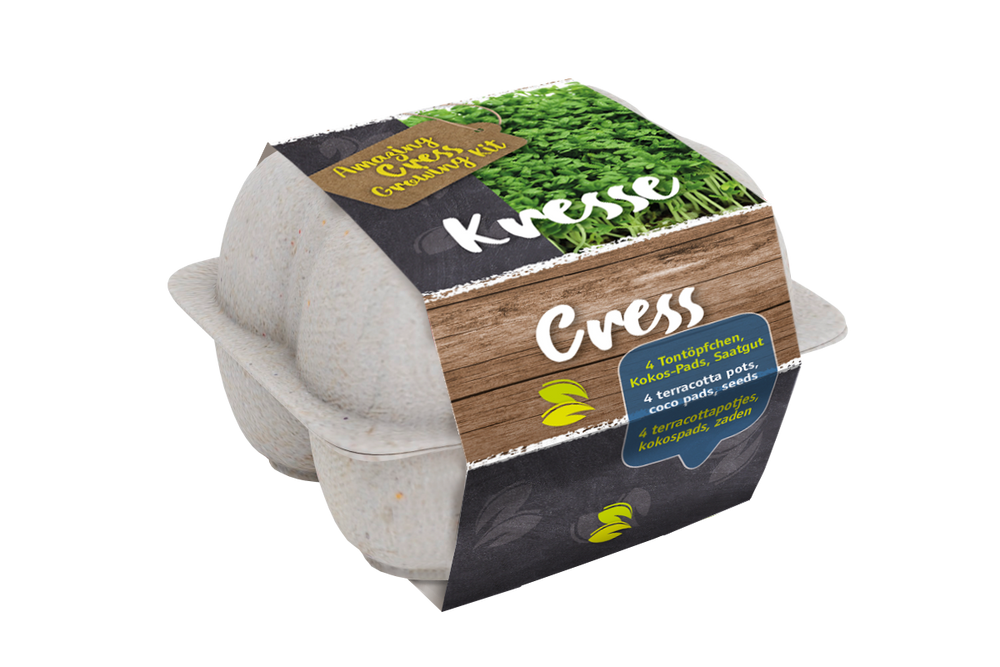 Eierdoos kweekset van karton met bedrukte wikkel, voorbeeldontwerp met tuinkers