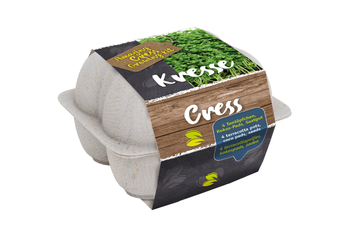 Eierdoos kweekset van karton met bedrukte wikkel, voorbeeldontwerp met tuinkers